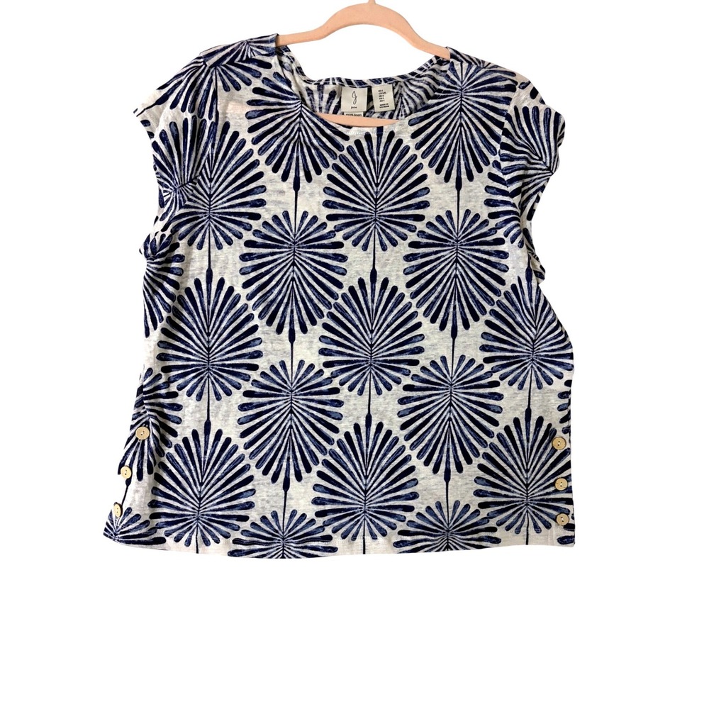 Joie Womens Large Navy Blue White Palm Leaf Print 100% Linen Side Button Top